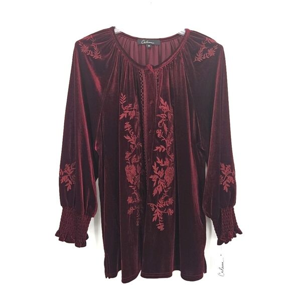 Calessa Button Up Down Shirt Womens Size 1X Red Floral Embroidered Velvet Boho - Picture 2 of 8